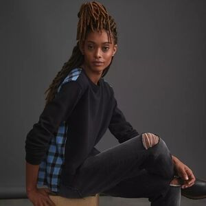 Anthropologie Pilcro Womens Contrast Flannel Sweatshirt Navy Blue Combo Plaid XL